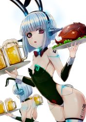 Rule 34 | 1girl, alcohol, android, android mk.99, animal ears, b.d, barcode, beer, beer mug, black leotard, blue hair, breasts, cosplay, cup, fake animal ears, fake tail, food, glowing, glowing tattoo, guardian tales, highres, holding, holding plate, holding tray, leotard, looking at viewer, mug, open mouth, oversized breast cup, pink eyes, plate, playboy bunny, pubic tattoo, rabbit ears, rabbit tail, short hair, simple background, sleeveless, small breasts, tail, tattoo, thighs, tray, white background, wrist cuffs