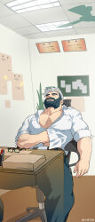 Rule 34 | 1boy, absurdres, arm hair, bara, beard, chest hair, collared shirt, desk, facial hair, feet out of frame, hairy, highres, incredibly absurdres, large pectorals, male focus, mature male, muscular, muscular male, navel hair, o2h (oblivionh), original, partially unbuttoned, pectoral cleavage, pectorals, salaryman, scratching stomach, shirt, sideburns, sleepy, solo, spread legs, thick eyebrows, thick mustache, thick thighs, thighs