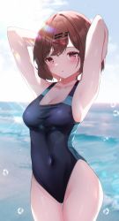 Rule 34 | 1girl, absurdres, arms behind head, black one-piece swimsuit, blue archive, breasts, brown hair, competition swimsuit, cosplay, covered navel, cowboy shot, highleg, highleg swimsuit, highres, higuchi madoka, horizon, idolmaster, idolmaster shiny colors, low ponytail, medium breasts, mole, mole under eye, multicolored clothes, multicolored swimsuit, ocean, one-piece swimsuit, shiroko (blue archive), shiroko (blue archive) (cosplay), shiroko (swimsuit) (blue archive), shiroko (swimsuit) (blue archive) (cosplay), short hair, solo, swept bangs, swimsuit, usagi (786113654)