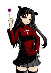 Rule 34 | 00s, 1girl, black eyes, black hair, black thighhighs, cross, energy ball, fate/stay night, fate (series), k+, latin cross, pointing, pointing up, smile, solo, sweater, thighhighs, tohsaka rin, turtleneck, twintails, two side up, zettai ryouiki