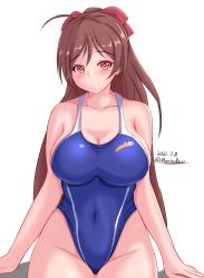 Rule 34 | 1girl, ahoge, blue one-piece swimsuit, breasts, brown hair, commentary request, competition swimsuit, cowboy shot, dated, hair ribbon, highleg, highleg swimsuit, highres, kantai collection, large breasts, long hair, looking at viewer, mamiya (kancolle), montemasa, one-piece swimsuit, red eyes, ribbon, simple background, sitting, solo, swimsuit, twitter username, white background
