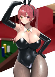 Rule 34 | 1girl, absurdres, animal ears, arm up, armpits, bare shoulders, bisco (bisco art), black gloves, black leotard, breasts, casino, cleavage, contrapposto, covered navel, detached collar, elbow gloves, extra digits, fake animal ears, gloves, hand on own hip, heterochromia, highres, hololive, houshou marine, huge breasts, large breasts, leotard, light blush, long hair, looking at viewer, pantyhose, playboy bunny, rabbit ears, red eyes, red hair, skin tight, skindentation, smile, smirk, solo, strapless, strapless leotard, thick thighs, thighs, twintails, virtual youtuber, wide hips, yellow eyes