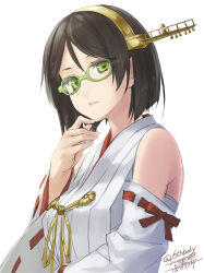 Rule 34 | 10s, 1girl, artist name, bare shoulders, black hair, dated, detached sleeves, finger to own chin, glasses, green-framed eyewear, green eyes, hairband, japanese clothes, kantai collection, kirishima (kancolle), looking at viewer, nontraditional miko, parted lips, ribbon-trimmed sleeves, ribbon trim, rokuwata tomoe, short hair, signature, simple background, solo, twitter username, white background