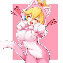 Rule 34 | 1girl, animal ears, animal hands, blonde hair, blush, border, breasts, cat ears, cat tail, closed eyes, cowboy shot, crown, earrings, fake animal ears, fake tail, fang, gloves, hair between eyes, heart, highres, jewelry, large breasts, lipstick, makeup, mario (series), nintendo, onesie, open mouth, paw gloves, paw pose, pink background, princess peach, smile, solo, super mario 3d world, tail, teeth, tongue, upper teeth only, white border, yuuto (dianzhang)