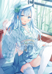Rule 34 | 1girl, bamboo, bench, blue eyes, blue hair, blue kimono, blush, breasts, center frills, commentary request, curtains, feet out of frame, frills, gloves, green ribbon, hand up, hat, hat ribbon, hip vent, hoshino koucha, indoors, japanese clothes, kimono, knee up, long hair, looking at viewer, medium breasts, open mouth, original, ribbon, see-through gloves, smile, solo, thighhighs, thighs, white hat, white thighhighs, wide sleeves, window