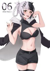 Rule 34 | 1girl, absurdres, armpits, belt, black belt, black hair, black jacket, black nails, black shorts, black thighhighs, braid, breasts, cleavage, crop top, fangs, grey hair, hair ornament, highres, hololive, hololive english, jacket, jacket on shoulders, kuon bb, large breasts, multicolored hair, navel, parted lips, shiori novella, short hair, shorts, solo, streaked hair, thighhighs, two-tone hair, virtual youtuber, white background, yellow eyes