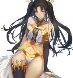Rule 34 | &gt;:), 1girl, arm support, asymmetrical legwear, asymmetrical sleeves, bare shoulders, black hair, breasts, bridal gauntlets, closed mouth, elbow gloves, fate/grand order, fate (series), gloves, hair ribbon, ishtar (fate), ishtar (fate), jewelry, large breasts, long hair, looking at viewer, navel, neck ring, panties, red eyes, ribbon, single elbow glove, single thighhigh, sitting, smile, solo, stomach, thighhighs, three k (spiritus no honoo), tohsaka rin, two side up, underwear, uneven legwear, uneven sleeves, v-shaped eyebrows, white panties