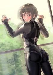 Rule 34 | 1girl, ass, bodysuit, commentary request, highres, kilye kairi, lips, looking at viewer, looking back, original, short hair, silver hair, skin tight, solo