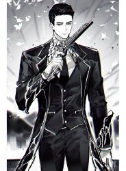 Rule 34 | 1boy, absurdres, animal print, black coat, black hair, black necktie, black pants, black vest, bug, butterfly, butterfly print, buttons, coat, collared shirt, e.g.o (project moon), funeral of the dead butterflies, green eyes, gun, hair slicked back, handgun, highres, holding, holding gun, holding weapon, insect, limbus company, long sleeves, looking at viewer, male focus, meursault (project moon), muted color, necktie, pants, project moon, remsrar, shirt, solo, vest, weapon, white shirt, white theme, wing collar
