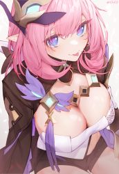Rule 34 | 1girl, :p, blue eyes, breasts, cleavage, commentary request, elysia (honkai impact), hair ornament, heart, heart-shaped pupils, highres, honkai (series), honkai impact 3rd, large breasts, long hair, looking at viewer, pink hair, pointy ears, sitting, solo, symbol-shaped pupils, tai (e3d1p), thighs, tongue, tongue out, twitter username
