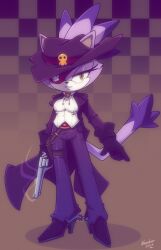 Rule 34 | 1girl, animal ears, blaze the cat, cat ears, cat girl, cat tail, collared shirt, cowboy western, eyepatch, furry, furry female, gloves, gun, handgun, hat, high heels, highres, holding, holding gun, holding weapon, jacket, looking at viewer, nancher, open clothes, open jacket, pants, parted lips, ponytail, purple hat, purple pants, revolver, shirt, skull ornament, smoke, smoking barrel, sonic (series), spurs, tail, weapon, white shirt, yellow eyes