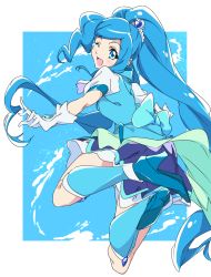 Rule 34 | 1girl, ;d, back bow, blue background, blue bow, blue eyes, blue footwear, blue hair, blue socks, blue skirt, blue theme, blue vest, bow, cure fontaine, full body, gloves, hair ornament, healin&#039; good precure, heart, heart hair ornament, jumping, kneehighs, long hair, looking at viewer, looking back, magical girl, one eye closed, open mouth, ponytail, precure, sawaizumi chiyu, shoes, skirt, smile, socks, solo, umanosuke, vest, white gloves