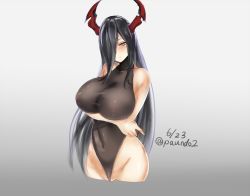 Rule 34 | 1girl, azur lane, bare shoulders, black hair, black leotard, blush, breast hold, breasts, cameltoe, closed mouth, collarbone, commentary request, covered navel, dated, friedrich der grosse (azur lane), gradient background, groin, hair over one eye, half-closed eyes, head tilt, high collar, highres, horns, large breasts, leotard, long hair, looking at viewer, paundo2, red horns, shiny skin, smile, solo, twitter username, very long hair, yellow eyes