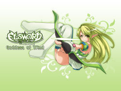 Rule 34 | 1girl, ass, bad id, bad pixiv id, black gloves, boots, bow (weapon), copyright name, elsword, fingerless gloves, gloves, green eyes, green hair, green theme, highres, image sample, korean text, long hair, matching hair/eyes, no pupils, pinyshi, pixiv sample, pointing, pointy ears, ranger (elsword), rena erindel, resized, smile, solo, thigh boots, thighhighs, weapon, white thighhighs