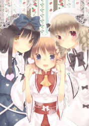 Rule 34 | 3girls, blonde hair, blush, bow, bowtie, brown hair, doily, dress, drill hair, fang, female focus, hat, heart, highres, holding hands, interlocked fingers, kinu shi, looking at viewer, luna child, multiple girls, obi, open mouth, own hands together, purple eyes, red eyes, sash, smile, star sapphire, sunny milk, touhou, yellow eyes