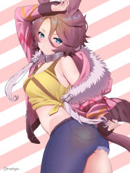 Rule 34 | 1girl, animal ears, arm up, asymmetrical clothes, belt, blue eyes, blush, breasts, brown hair, closed mouth, commentary, cowboy shot, denim, frown, fur-trimmed jacket, fur trim, gluteal fold, hair between eyes, highres, horse ears, horse girl, horse tail, jacket, jeans, long sleeves, looking at viewer, looking to the side, matuda (matudayazo), narita taishin (umamusume), open clothes, open jacket, pants, pink jacket, shirt, short sleeves, single pantsleg, small breasts, solo, tail, tank top, tied shirt, umamusume, v-shaped eyebrows, yellow shirt