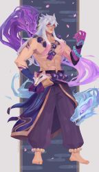 Rule 34 | 1boy, :d, abs, animal ears, bare shoulders, barefoot, bead necklace, beads, colored skin, elintanart, full body, grey hair, hakama, hand on own hip, hand up, highres, japanese clothes, jewelry, league of legends, long hair, male focus, mask, unworn mask, muscular, muscular male, navel, necklace, open mouth, pink skin, pleated pants, sett (league of legends), smile, solo, spirit blossom sett, wolf, wolf ears, wolf mask