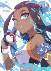 Rule 34 | 1girl, armlet, black hair, blue eyes, blue eyeshadow, blue hair, commentary request, creatures (company), crop top, dynamax band, earclip, earrings, eyelashes, eyeshadow, game freak, gloves, gqi (pixiv 11877511), hair bun, highres, holding, holding poke ball, hoop earrings, jewelry, long hair, makeup, multicolored hair, necklace, nessa (pokemon), nintendo, partially fingerless gloves, poke ball, poke ball (basic), pokemon, pokemon swsh, solo, two-tone hair, upper body, water, white background