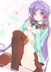 Rule 34 | 10s, 1girl, breasts, cardigan, frapowa, green eyes, headset, large breasts, love live!, love live! school idol festival, love live! school idol project, nipples, no bra, open cardigan, open clothes, open shirt, purple hair, shirt, skirt, solo, thighhighs, tojo nozomi, valentine