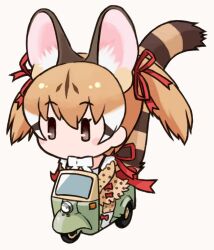 Rule 34 | 1girl, animal ear fluff, animal ears, bow, bowtie, brown eyes, brown hair, cat ears, cat girl, cat tail, extra ears, kemono friends, kemono friends v project, kneehighs, large-spotted genet (kemono friends), long hair, motor vehicle, ribbon, shirt, shoes, simple background, skirt, socks, solo, suspenders, tail, toriny, twintails, virtual youtuber
