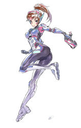 Rule 34 | 1girl, ass, bodysuit, breasts, brown eyes, brown hair, commentary request, d.va (overwatch), facial mark, full body, gun, handgun, highres, holding, holding gun, holding weapon, matsuda (matsukichi), medium breasts, overwatch, ponytail, shoes, solo, weapon, whisker markings, white footwear