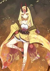 Rule 34 | 1girl, bare shoulders, blonde hair, earrings, fate/grand order, fate (series), feet, fire, fire, floral pattern, hand on own hip, hidari (left side), highres, horns, ibaraki douji (fate), japanese clothes, jewelry, kimono, legs, long hair, looking at viewer, monster girl, off shoulder, official art, oni, oni horns, pointy ears, slit pupils, standing, standing on one leg, tattoo, toenails, toes, tree, yellow eyes, yellow kimono