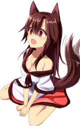 Rule 34 | 1girl, animal ears, bare shoulders, breasts, brooch, brown hair, cleavage, collarbone, dress, fang, hasu (lausdys), highres, imaizumi kagerou, jewelry, large areolae, long sleeves, looking up, open mouth, red eyes, simple background, sitting, solo, tail, tail wagging, touhou, white background, wide sleeves, wolf ears, wolf tail