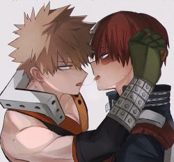 Rule 34 | 2boys, bakugou katsuki, blonde hair, boku no hero academia, burn scar, face-to-face, gloves, green gloves, kun mha, looking at another, male focus, multicolored hair, multiple boys, red eyes, red hair, saliva, saliva trail, scar, scar on face, spiked hair, split-color hair, sweat, todoroki shouto, tongue, tongue out, two-tone hair, white background, white hair, yaoi