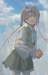 Rule 34 | 1girl, aoaso, artist name, blue sky, cloud, cloudy sky, collared shirt, cowboy shot, day, double-parted bangs, dress, fangs, green dress, grey eyes, grey hair, highres, long hair, long sleeves, looking at viewer, low twintails, neck ribbon, open mouth, original, outdoors, own hands together, puffy long sleeves, puffy sleeves, ribbon, shirt, sky, smile, solo, standing, twintails, watermark, white ribbon, white shirt