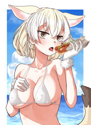 Rule 34 | 1girl, :p, animal ears, blonde hair, blue sky, blush, breasts, brown eyes, commentary, day, fennec (kemono friends), food, fox ears, fox tail, gloves, half-closed eyes, hand on own chest, highres, holding, holding food, hot dog, kemono friends, large breasts, looking at viewer, open mouth, outdoors, outside border, phallic symbol, short hair, sky, solo, standing, tail, toku (yhpv8752), tongue, tongue out, upper body, white gloves