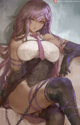 Rule 34 | 1girl, bare shoulders, battle academia katarina, breasts, chain, crossed legs, cutesexyrobutts, elbow gloves, gloves, highres, katarina (league of legends), large breasts, long hair, looking at viewer, necktie, original, patreon logo, patreon username, purple gloves, purple hair, purple necktie, side slit, sitting, strap, thick thighs, thighhighs, thighs, yellow eyes