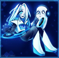 Rule 34 | 2boys, alternate form, artist name, black bodysuit, blue background, blue border, blue eyes, blue hair, blue outline, blue theme, bodysuit, boots, border, diamond (shape), dual persona, floating, forehead, ghost, glowing, gradient hair, hair over one eye, hands up, headphones, knee boots, knees up, light trail, long hair, looking at viewer, male focus, multicolored hair, multiple boys, napstablook, outline, parted lips, robot, sad, shiny clothes, simple background, spacecolonie, tears, teeth, undertale, watermark, white eyes, white footwear, white hair