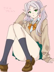 Rule 34 | 1girl, bow, bowtie, cardigan, collared shirt, convenient leg, earrings, elf, frieren, green eyes, grey hair, jewelry, karube guri, light smile, loafers, long hair, looking at viewer, loose bowtie, miniskirt, pointy ears, school uniform, shirt, shoes, sitting, skirt, sleeves past wrists, socks, solo, sousou no frieren