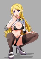 Rule 34 | 1girl, absurdres, atago (azur lane), atago (azur lane) (cosplay), atago (stunning speedster) (azur lane), ayase eli, azur lane, bikini, black bikini, black thighhighs, blonde hair, blue eyes, commission, cosplay, earrings, group name, hair down, high heels, highres, jewelry, love live!, love live! school idol project, official alternate costume, race queen, shrug (clothing), spread legs, squatting, swimsuit, thighhighs, whin