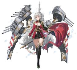 Rule 34 | azur lane, black dress, black footwear, blunt bangs, blush, boots, breasts, cannon, cape, cleavage, corset, dress, epaulettes, full body, gloves, gold trim, green cape, grey eyes, grey hair, high collar, high heel boots, high heels, highres, holding, holding sword, holding weapon, jacket, light particles, long hair, medallion, messy hair, official art, open mouth, pleated dress, red jacket, rigging, saber (weapon), sheath, sheathed, sidelocks, skindentation, sword, thigh boots, thighhighs, thighs, transparent background, tsurime, turret, unsheathing, very long hair, vittorio veneto (azur lane), weapon, white gloves, wind, yunsang