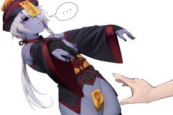 Rule 34 | ..., 1boy, bare shoulders, black eyes, black nails, braid, bulge, commentary request, detached sleeves, eyeshadow, grey hair, hair over one eye, hat, highres, in (ain), jiangshi, long hair, makeup, male focus, nail polish, ofuda, original, outstretched arms, parted lips, ponytail, qingdai guanmao, simple background, skindentation, solo focus, speech bubble, spoken ellipsis, thighhighs, trap, white background, zombie pose