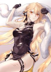 Rule 34 | 1girl, absurdres, blonde hair, breasts, bridal garter, china dress, chinese clothes, cleavage, closed mouth, commentary request, covered navel, dress, girls&#039; frontline, gloves, grey background, highres, lingerie, long hair, looking at viewer, lying, on back, orange eyes, ots-14 (girls&#039; frontline), ots-14 (sangria succulent) (girls&#039; frontline), simple background, solo, suprii, thigh strap, torn clothes, torn dress, underwear, underwear only