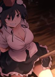 Rule 34 | 1girl, black hair, black skirt, blush, breasts, brown hair, buttons, cleavage, clenched teeth, collared shirt, commentary request, frilled skirt, frills, from above, grin, hair between eyes, hat, highres, large breasts, looking to the side, miniskirt, pom pom (clothes), red eyes, shameimaru aya, shirt, short hair, shundou heishirou, sitting, skirt, smile, solo, stick, teeth, tokin hat, touhou, v-shaped eyebrows, white shirt, wing collar