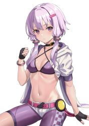 Rule 34 | 1girl, akahara tyun, bra, clenched hand, expressionless, jacket, looking at viewer, navel, open clothes, open jacket, purple bra, purple eyes, purple hair, purple thighhighs, shorts, solo, stomach, thighhighs, thighs, underwear, voiceroid, white background, white jacket, white shorts, yuzuki yukari