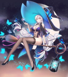 Rule 34 | 1girl, absurdres, arm support, bare shoulders, black footwear, black pantyhose, black thighhighs, bodysuit, book, breasts, broom, broom riding, bug, butterfly, cleavage, cloud, covered navel, dot nose, fishnet bodysuit, fishnet sleeves, fishnets, forehead, full moon, gradient background, grey hair, hair ornament, hand up, hat, high heels, highres, insect, knees together feet apart, lantern, large breasts, large hat, long hair, long legs, looking at viewer, low twintails, moon, open book, outdoors, pantyhose, parted bangs, parted lips, ragnarok online, red eyes, shenyuekong, short sleeves, sitting, sky, solo, sparkle, thighhighs, thighs, twintails, very long hair, white hair, wide sleeves, witch, witch hat, wizard, wizard (ragnarok online)