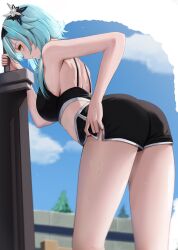 Rule 34 | 1girl, absurdres, alternate costume, ass, blue hair, blue sky, breasts, closed mouth, cloud, commentary request, day, eula (genshin impact), from behind, genshin impact, hair ornament, hairband, highres, large breasts, leaning forward, light blue hair, outdoors, planted, planted sword, planted weapon, short shorts, shorts, sky, solo, sports bra, sportswear, sweat, sword, thighs, weapon, yamikyon, yellow eyes