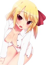 Rule 34 | 1girl, absurdres, bad id, bad pixiv id, blonde hair, blush, bottomless, breasts, drooling, embodiment of scarlet devil, female focus, hair ribbon, highres, large breasts, nase, nipples, no pants, aged up, open clothes, open shirt, panties, red eyes, ribbon, rumia, shirt, short hair, solo, touhou, tsurime, underwear, white panties, white shirt