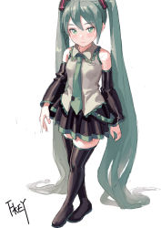 Rule 34 | 1girl, absurdly long hair, aqua eyes, aqua hair, aqua necktie, artist name, bare shoulders, black footwear, black skirt, blush, boots, breasts, chinese commentary, commentary request, detached sleeves, fkey, full body, grey vest, hair between eyes, hatsune miku, highres, long hair, long sleeves, looking at viewer, miniskirt, necktie, pleated skirt, signature, simple background, skirt, small breasts, smile, solo, standing, thigh boots, thighhighs, thighs, twintails, very long hair, vest, vocaloid, white background, wide sleeves, wing collar, zettai ryouiki