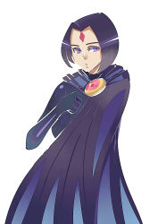 Rule 34 | 1girl, clasp, cloak, dc comics, elbow gloves, facial mark, forehead jewel, forehead mark, gloves, long sleeves, purple eyes, purple hair, raven (dc), short hair, simple background, solo, teen titans, white background
