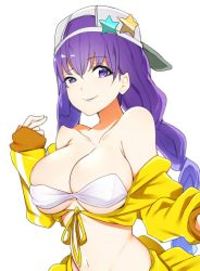 Rule 34 | 10s, 1girl, bare shoulders, baseball cap, bb (fate), bb (fate) (all), bb (swimsuit mooncancer) (fate), bb (swimsuit mooncancer) (first ascension) (fate), bebebe (pepegakii), bikini, bikini top only, blush, braid, breasts, cleavage, collarbone, cropped jacket, fate/extra, fate/extra ccc, fate/grand order, fate (series), grey hat, hat, highres, jacket, large breasts, long braid, long hair, looking at viewer, navel, off shoulder, purple eyes, purple hair, simple background, single braid, skindentation, smile, solo, swimsuit, very long hair, white background, white bikini, white hat, yellow jacket