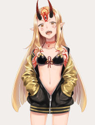 Rule 34 | 1girl, bikini, bikini top only, black bikini, black jacket, blonde hair, breasts, cleavage, collarbone, cowboy shot, facial mark, fate/grand order, fate (series), grey background, hands in pockets, highres, horns, ibaraki douji (fate), ibaraki douji (swimsuit lancer) (first ascension) (fate), iwanaga tm, jacket, long hair, long sleeves, looking at viewer, open clothes, open jacket, open mouth, partially unzipped, pointy ears, simple background, slit pupils, small breasts, solo, standing, straight hair, swimsuit, thigh gap, very long hair, yellow eyes, yellow sleeves