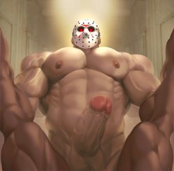 Rule 34 | 2boys, abs, bara, biceps, bozi (17030417), completely nude, covered face, erection, feet out of frame, friday the 13th, glowing, glowing eyes, highres, jason voorhees, large pectorals, male focus, manly, mask, mature male, multiple boys, muscular, muscular male, nipples, nude, pectorals, penis, red eyes, spread legs, testicles, thick arms, thick thighs, thighs, veins, veiny arms, veiny penis, yaoi