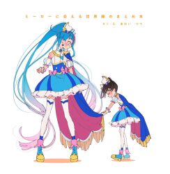 Rule 34 | 2girls, absurdly long hair, ankle boots, aoi tete, black hair, blue cape, blue dress, blue eyes, blue footwear, blue hair, blush, boots, bow, brooch, cape, cape grab, closed eyes, closed mouth, commentary request, cosplay, cure sky, cure sky (cosplay), detached sleeves, dress, dress bow, earrings, fingerless gloves, frilled dress, frills, fringe trim, frown, gloves, gradient hair, highres, hirogaru sky! precure, jewelry, long hair, looking at another, magical girl, multicolored hair, multiple girls, pink hair, precure, puffy detached sleeves, puffy sleeves, red cape, shadow, sleeveless, sleeveless dress, sora harewataru, standing, streaked hair, sweatdrop, thighhighs, translated, twintails, two-sided cape, two-sided fabric, two-tone dress, very long hair, white background, white dress, white gloves, white thighhighs, wing brooch, wing hair ornament