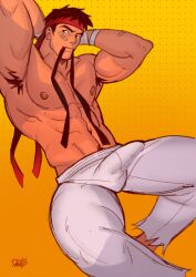 Rule 34 | 1boy, abs, armpit hair, armpits, bandaid, bandaid on cheek, bandaid on face, bara, black hair, bulge, dantesrealm, erection, erection under clothes, headband, highres, large pectorals, looking at viewer, male focus, mouth hold, muscular, muscular male, nipples, paid reward available, pectorals, ryu (street fighter), short hair, smile, solo, stomach, street fighter, thick eyebrows, thick thighs, thighs, topless male