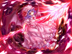 Rule 34 | 1girl, ankle cuffs, bad id, bad pixiv id, bat wings, blouse, brooch, female focus, gradient background, hat, head tilt, jewelry, light particles, light purple hair, looking at viewer, mob cap, open hand, puffy short sleeves, puffy sleeves, red eyes, remilia scarlet, shirt, short sleeves, skirt, spear the gungnir, touhou, wings, wrist cuffs, yudaoshan